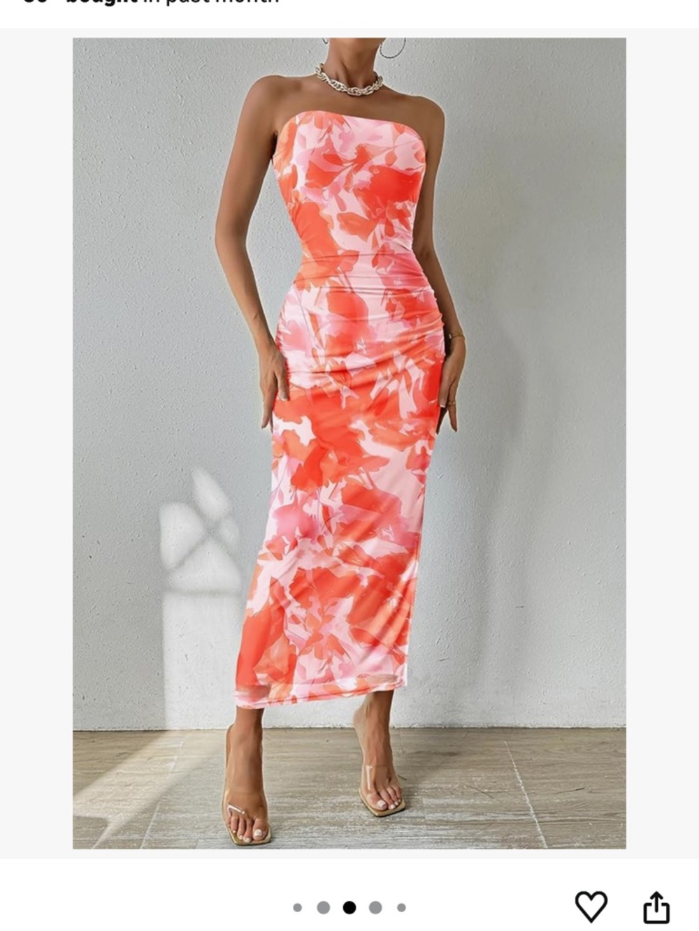 Strapless Coral Pink Floral Midi Dress